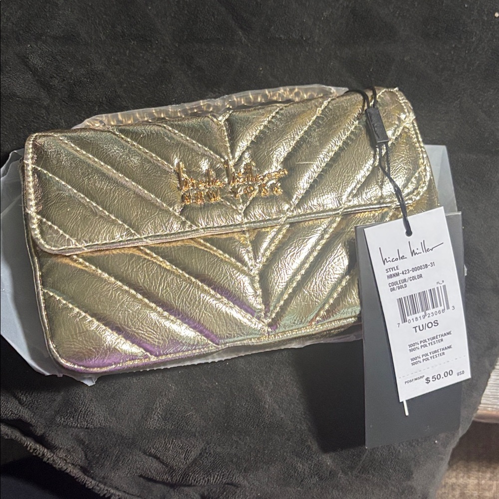 Nicole Miller gold quilted crossbody bag
